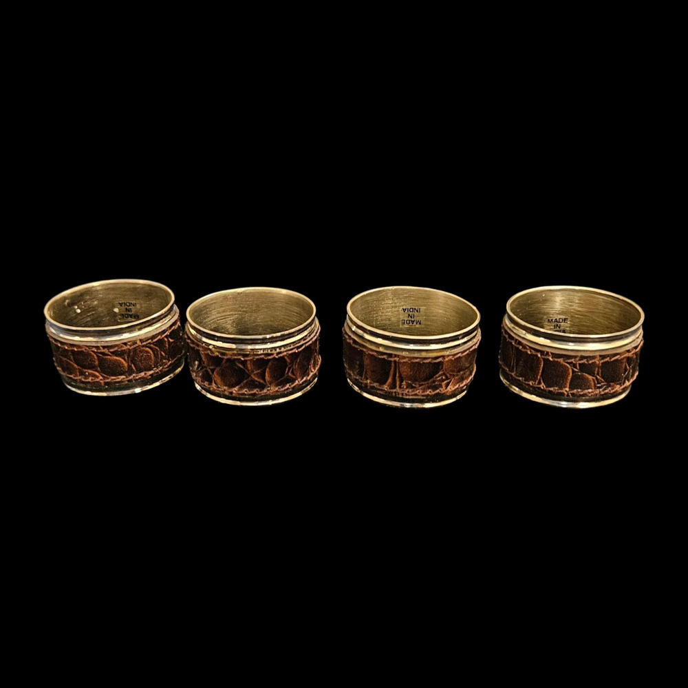 Vintage India Brass & Faux Leather Napkin Rings Set of 4 Boho Table Decor